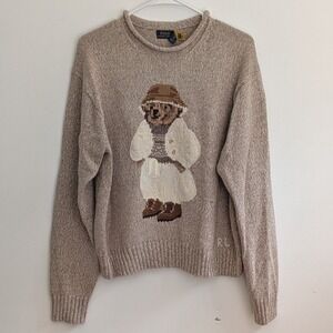 NWT Polo Ralph Lauren Womens Sz Med Polo Bear Intarsia Knit Cotton Sweater Tan